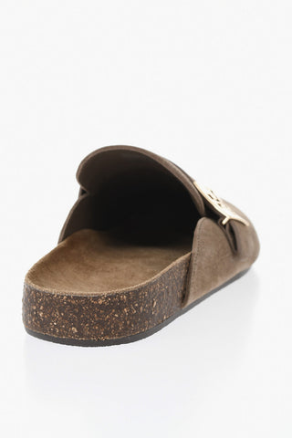 Suede Mules with Gold Buckle