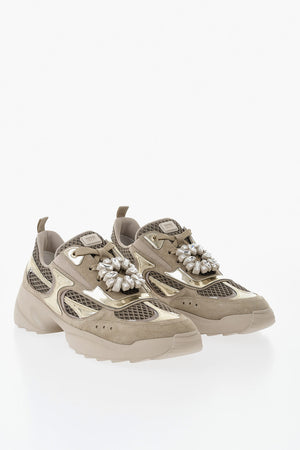 Sneakers Basse in Pelle e Mesh con Abbellimento Gioielli