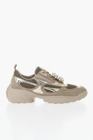 Sneakers Basse in Pelle e Mesh con Abbellimento Gioielli