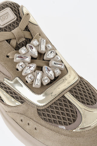 Sneakers Basse in Pelle e Mesh con Abbellimento Gioielli