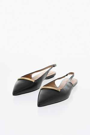 Leather Pointed-Toe Slingback Ballet Flats With Gold Detail