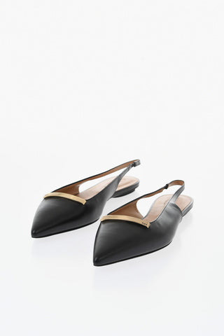 Leather Pointed-Toe Slingback Ballet Flats With Gold Detail