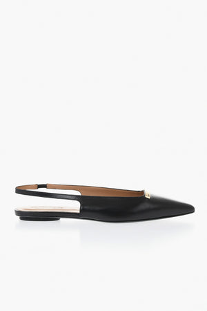 Leather Pointed-Toe Slingback Ballet Flats With Gold Detail