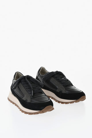 Sneakers Basse in Suede e Pelle con Strass e Suola a Contrasto