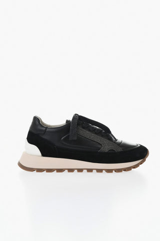 Sneakers Basse in Suede e Pelle con Strass e Suola a Contrasto