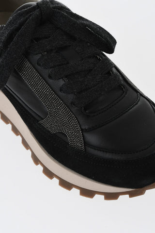 Sneakers Basse in Suede e Pelle con Strass e Suola a Contrasto