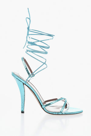 Schnür-Sandalen LINDA aus metallisiertem Leder mit Python-Effekt Absatz 12 cm