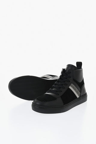 Sneakers Alte in Pelle e Suede con Strass Laterali