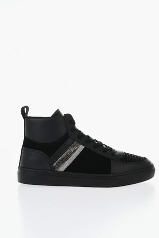 Sneakers Alte in Pelle e Suede con Strass Laterali