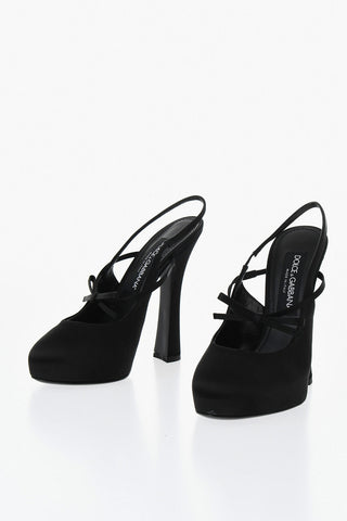 Solid-Color Satin Slingback with Side Bow, 14 cm Heel