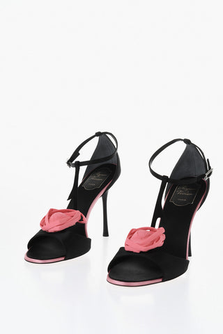Sandali T-Strap in Sete con Rosa Frontale 10cm