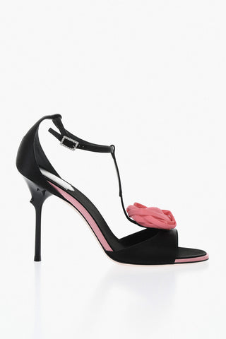 Sandali T-Strap in Sete con Rosa Frontale 10cm