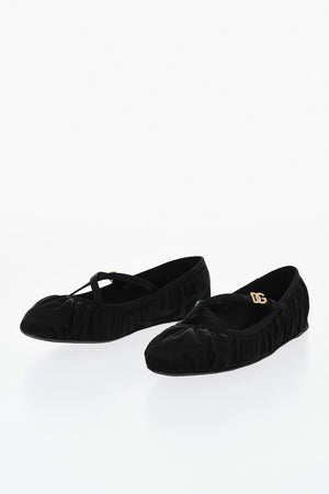 Satin Ballet Flat with Crisscross Strap and Gold Monogram Buckle