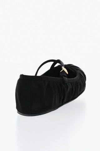 Satin Ballet Flat with Crisscross Strap and Gold Monogram Buckle