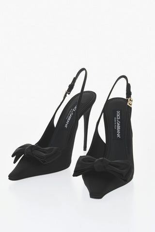 Satin Slingbacks in Solid Color with Bow and Monogram Buckle, 12cm Heel