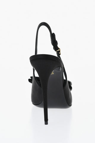 Satin Slingbacks in Solid Color with Bow and Monogram Buckle, 12cm Heel