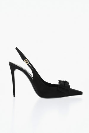 Satin-Slingbacks einfarbig mit Schleife und Monogramm-Schnalle, Absatz 12 cm