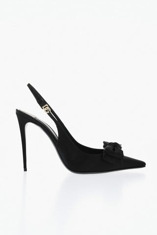 Satin Slingbacks in Solid Color with Bow and Monogram Buckle, 12cm Heel
