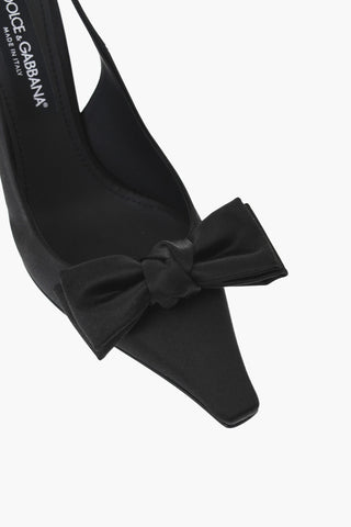 Satin Slingbacks in Solid Color with Bow and Monogram Buckle, 12cm Heel