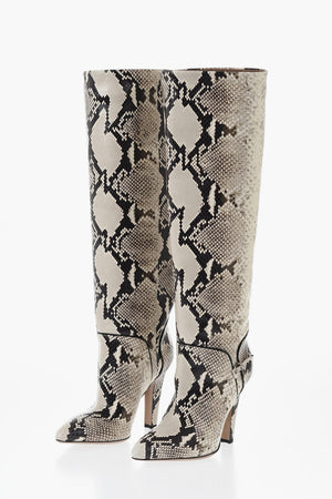 Python-Effect Leather Boots ELSA With Silver Buckle 10cm Heel