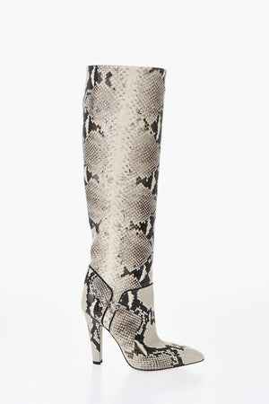 Python-Effect Leather Boots ELSA With Silver Buckle 10cm Heel
