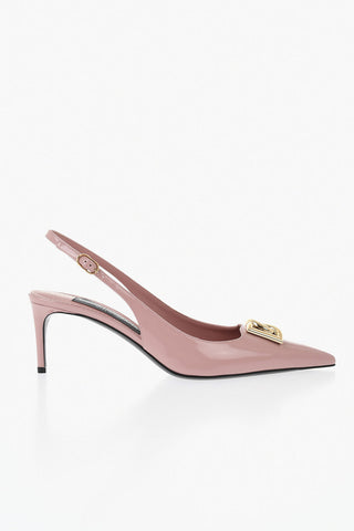 Patent Leather Slingbacks with Gold Metal Monogram, 7cm Heel