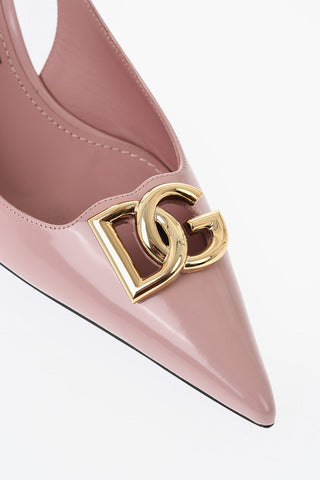 Patent Leather Slingbacks with Gold Metal Monogram, 7cm Heel