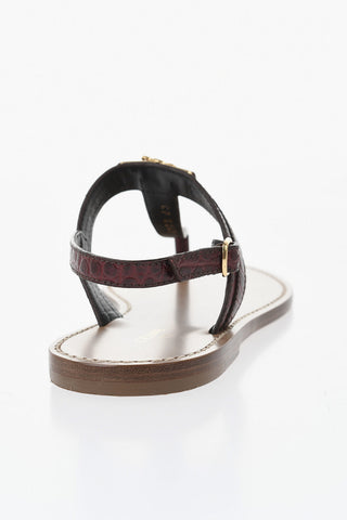 Crocodile-Effect Leather Thong Sandals