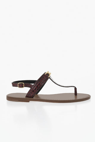 Crocodile-Effect Leather Thong Sandals
