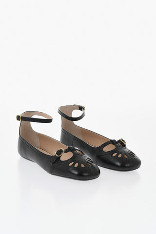 Leather Ballet Flats MISTY With Laser-Cut Details And Strap