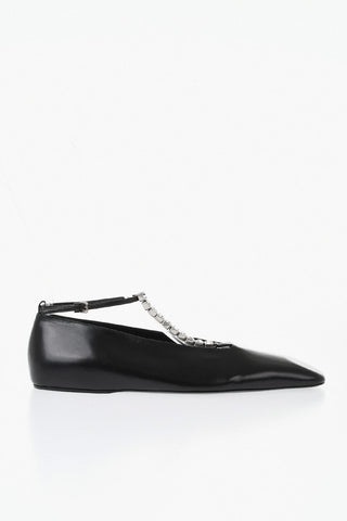 Leather T-Strap Ballet Flats With Pointed Toe And Jewels