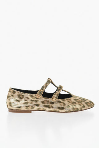 Ballerine Mary Jane in Tessto Effetto Laminato a Motivo Animalier