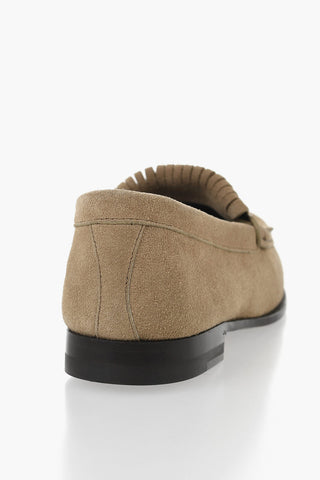 Mocassini in Suede con Frange e Logo Effetto Dorato