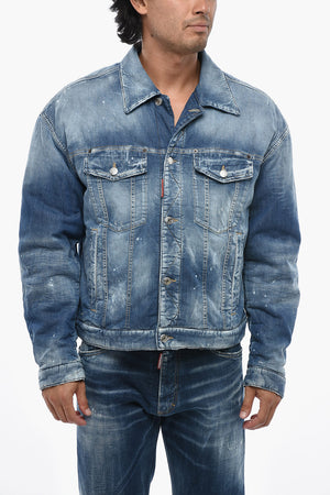 Giubbotto in Denim Stretch con Fodera in Misto Lana a Righe