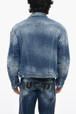 Giubbotto in Denim Stretch con Fodera in Misto Lana a Righe
