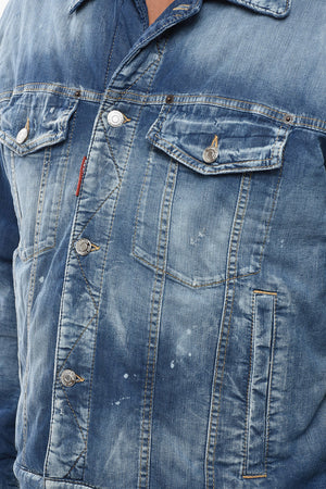 Giubbotto in Denim Stretch con Fodera in Misto Lana a Righe