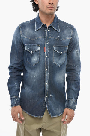 Denim Vintage-Effect Shirt FASHION WESTERN With Double Pocket