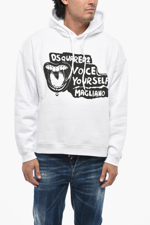 Felpa Hoodie in Cotone Felpato con Stampa Frontale a Contrasto