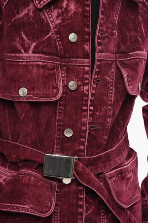 Stretch Denim Jacket with Velvety Finish and Belt