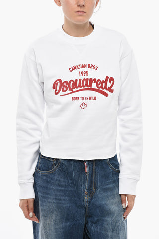 Cotton Cropped Crewneck Sweatshirt with Embossed Logo