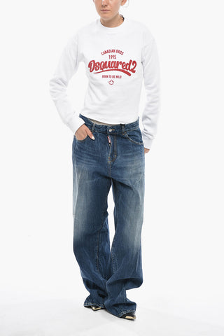 Cotton Cropped Crewneck Sweatshirt with Embossed Logo