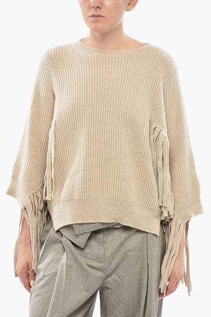 Ribbed Cashmere Sweater with 3/4 Fringed Sleeves