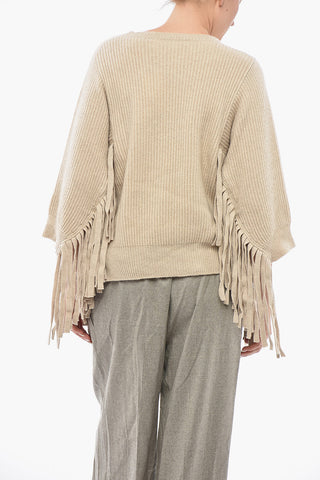 Rippstrickpullover aus Kaschmir mit 3/4-langen fransigen Ärmeln
