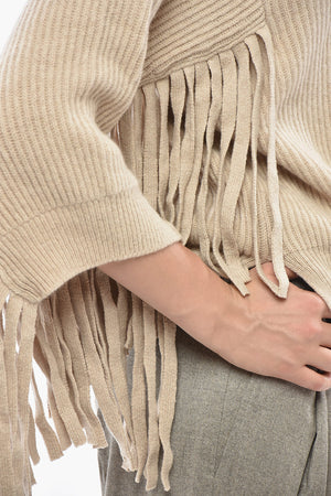 Ribbed Cashmere Sweater with 3/4 Fringed Sleeves