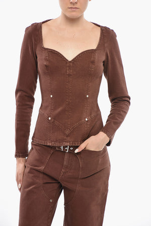 Long-Sleeved Denim Top With Sweetheart Neckline