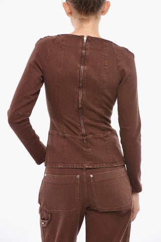 Top in Denim a Maniche Lunghe con Scollo a Cuore