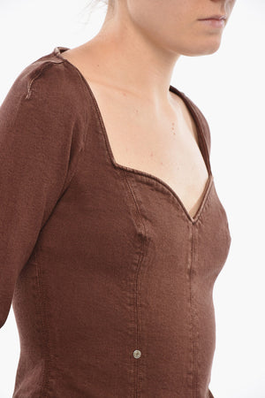 Top in Denim a Maniche Lunghe con Scollo a Cuore