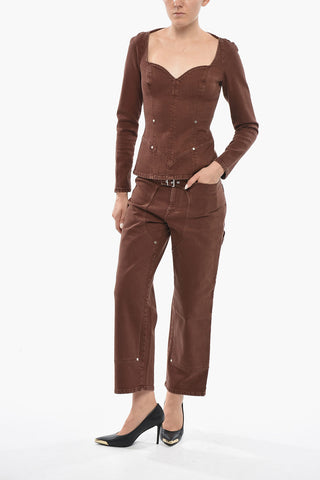 Top in Denim a Maniche Lunghe con Scollo a Cuore