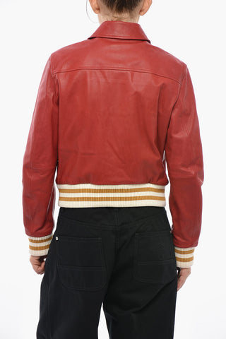 Hammered Leather Varsity Jacket with Snap Buttons