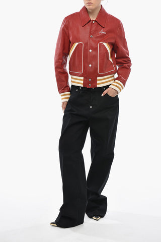 Hammered Leather Varsity Jacket with Snap Buttons